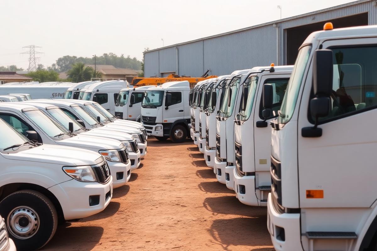 Corporate fleet of trucks and pickups at a West African yard