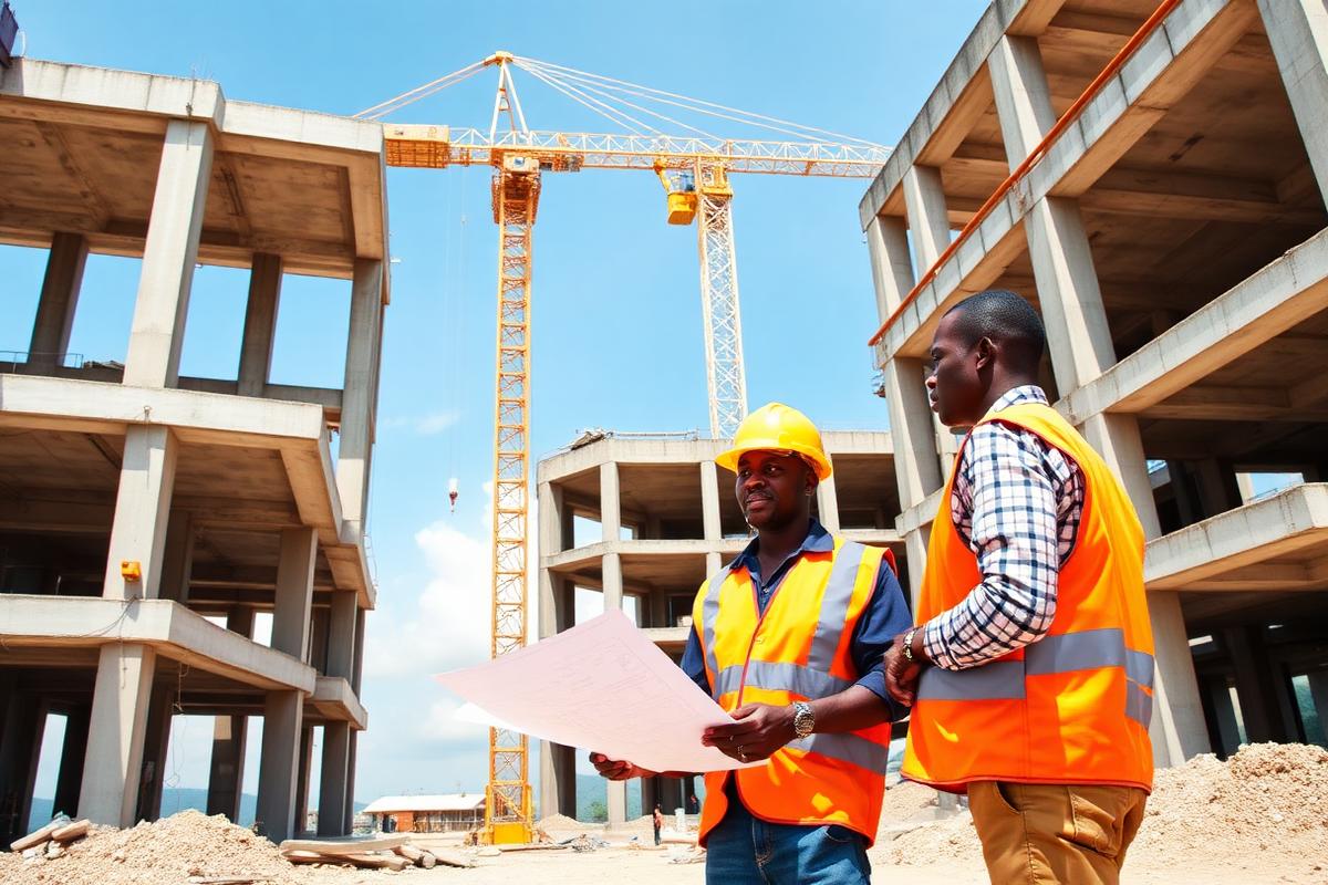Construction site with tower crane and engineers in Monrovia