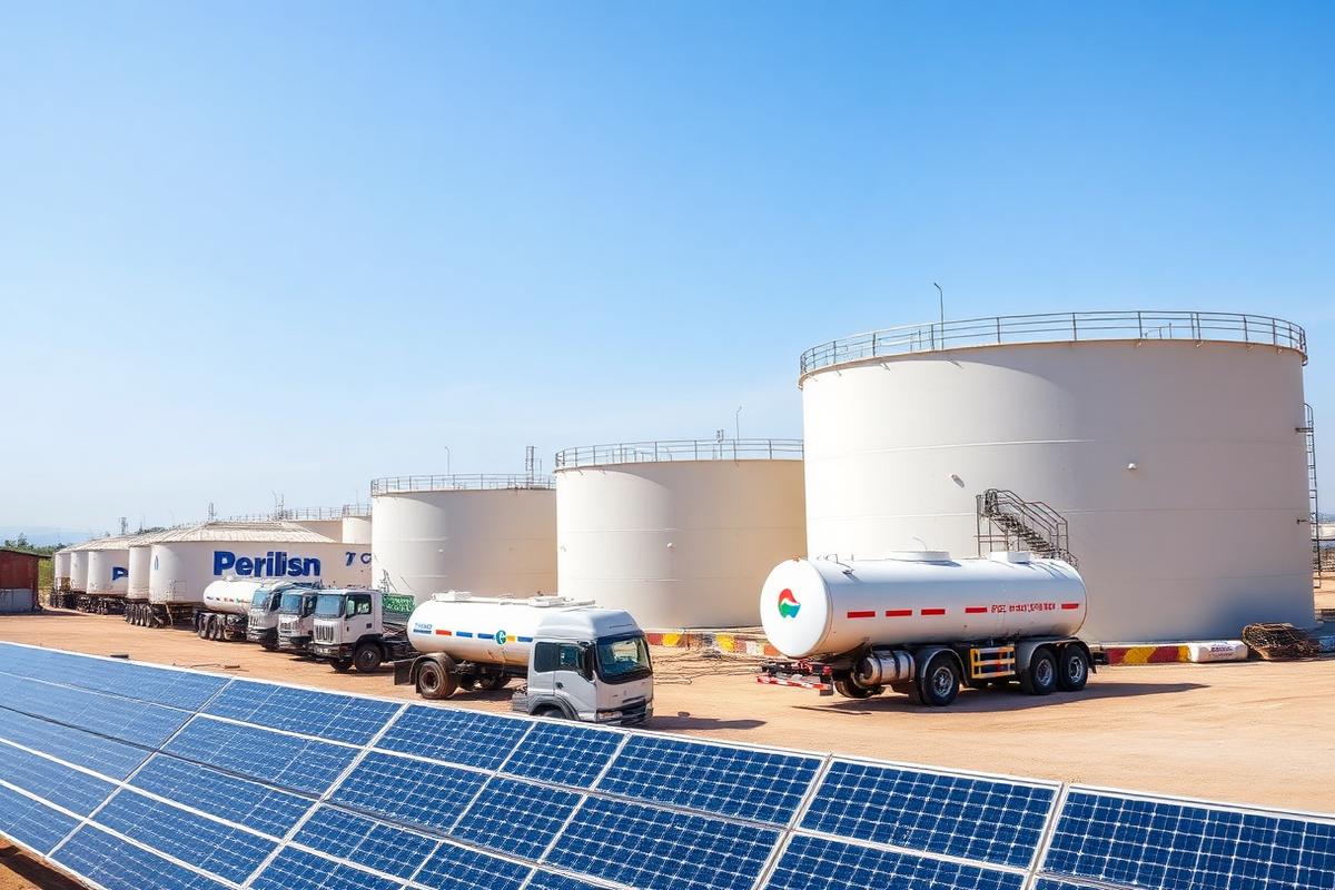 Fuel storage tank farm with tanker trucks and solar panels