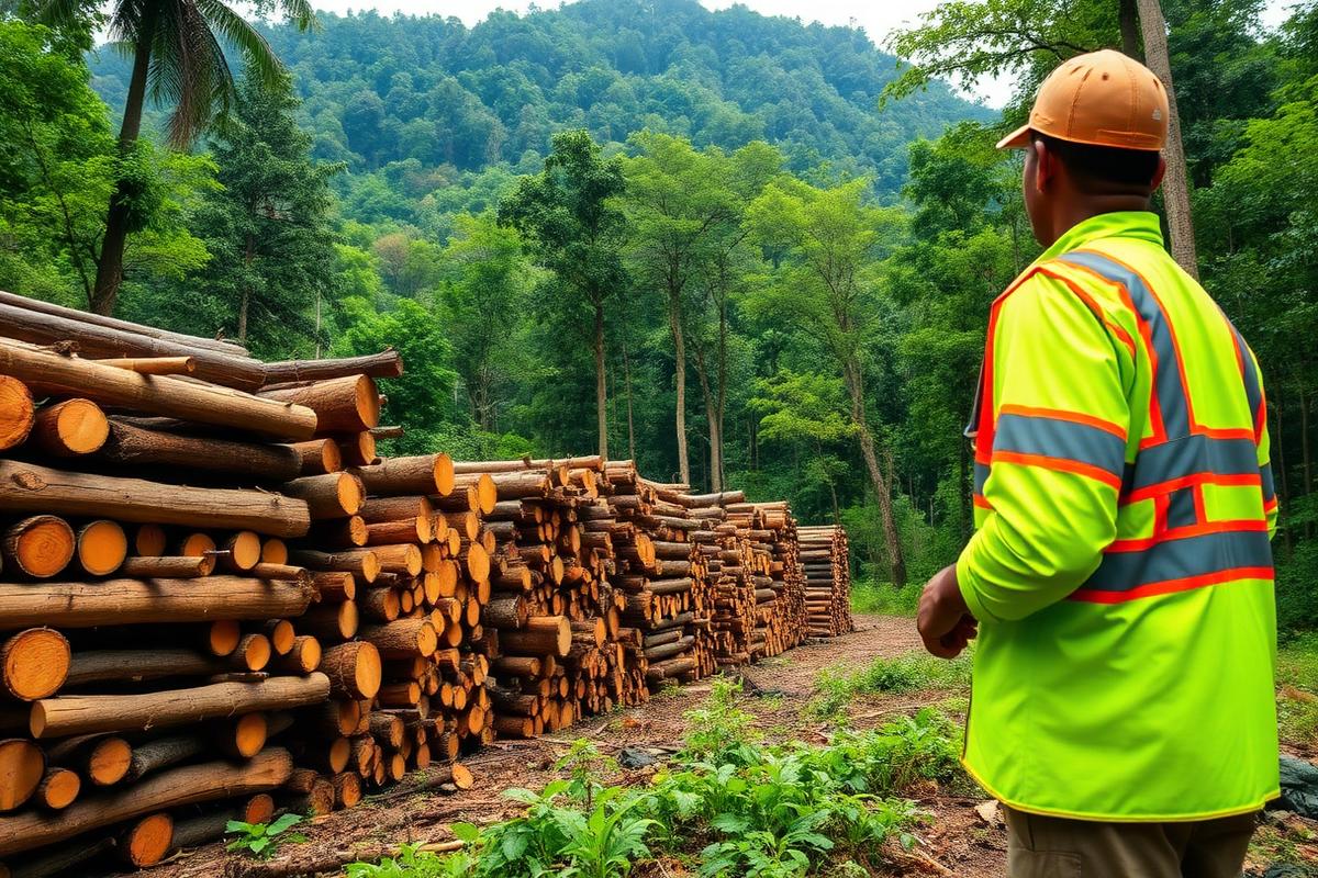 Sustainably harvested hardwood logs stacked in Liberian rainforest