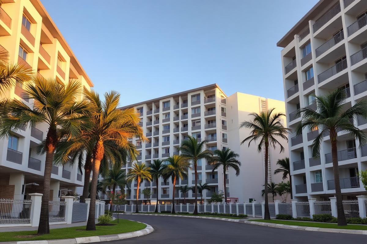Modern residential and commercial development with palm trees