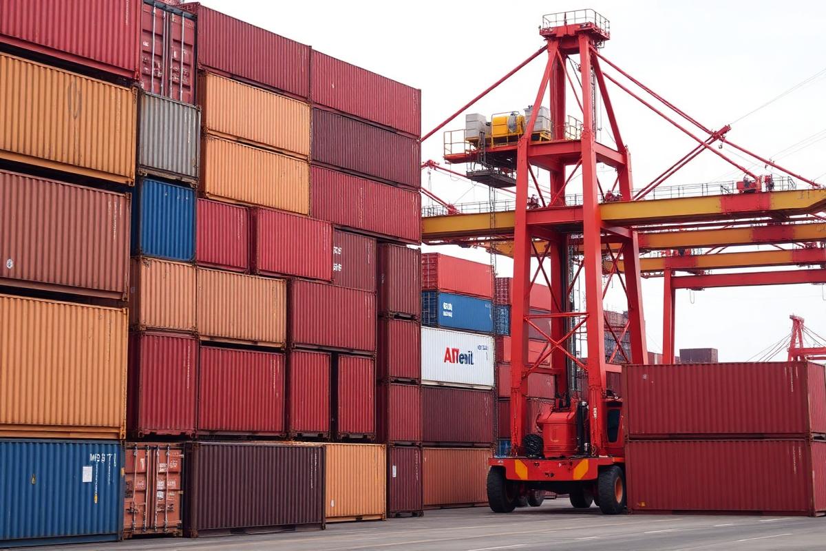 Container terminal with stacked containers and reach stacker