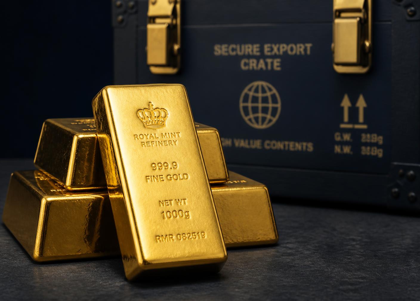 Refined gold bars beside a sealed PRGII export crate